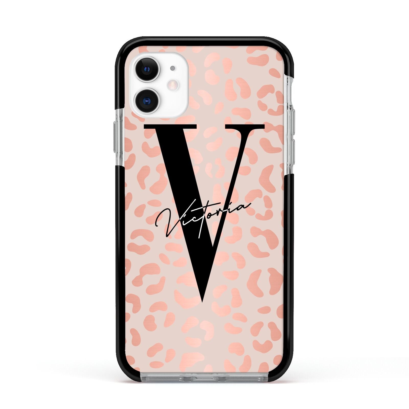 Personalised Leopard Print Rose Gold Apple iPhone 11 in White with Black Impact Case