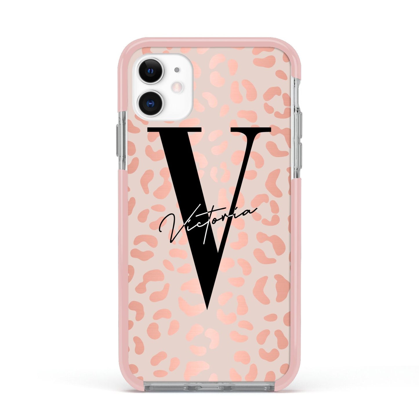 Personalised Leopard Print Rose Gold Apple iPhone 11 in White with Pink Impact Case