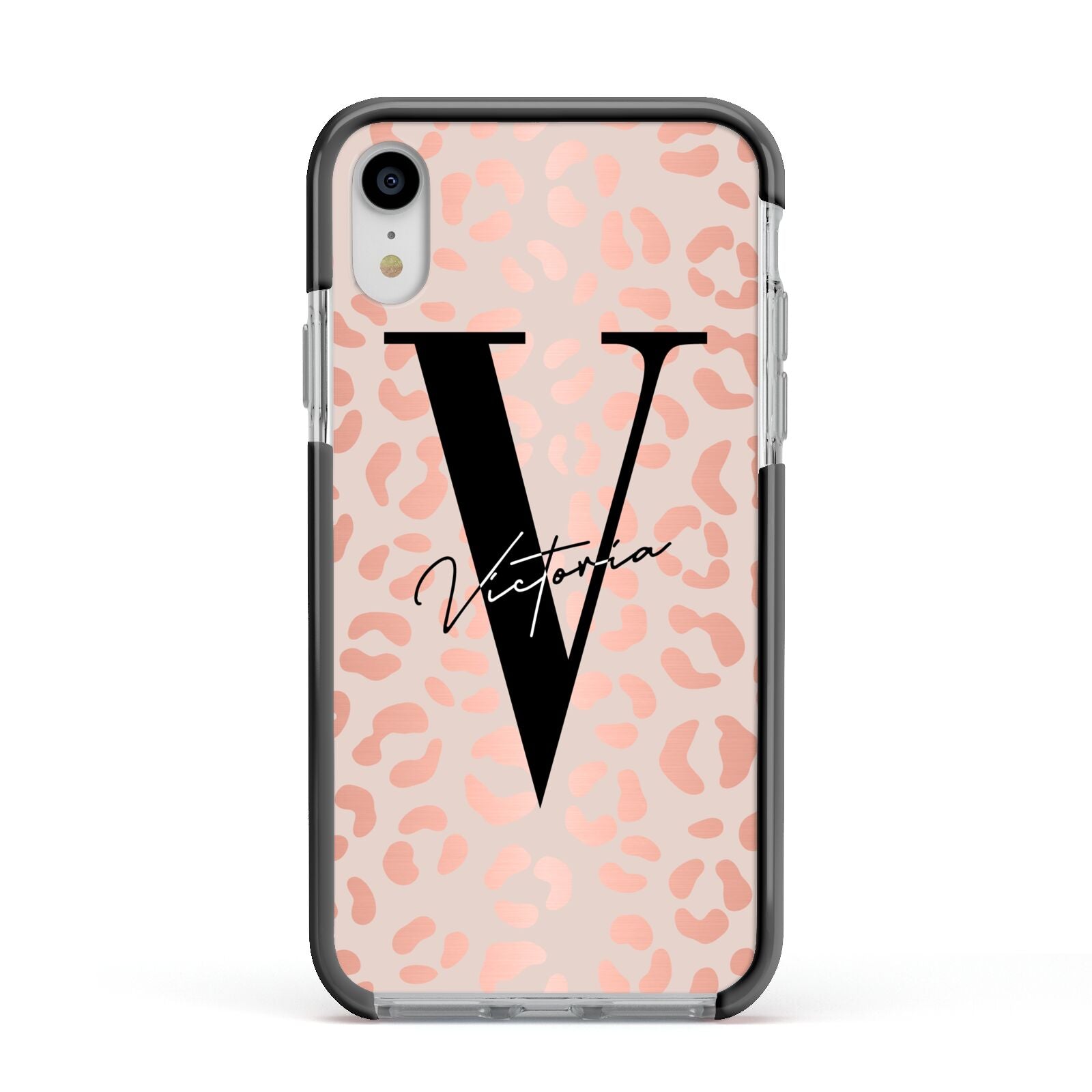 Personalised Leopard Print Rose Gold Apple iPhone XR Impact Case Black Edge on Silver Phone