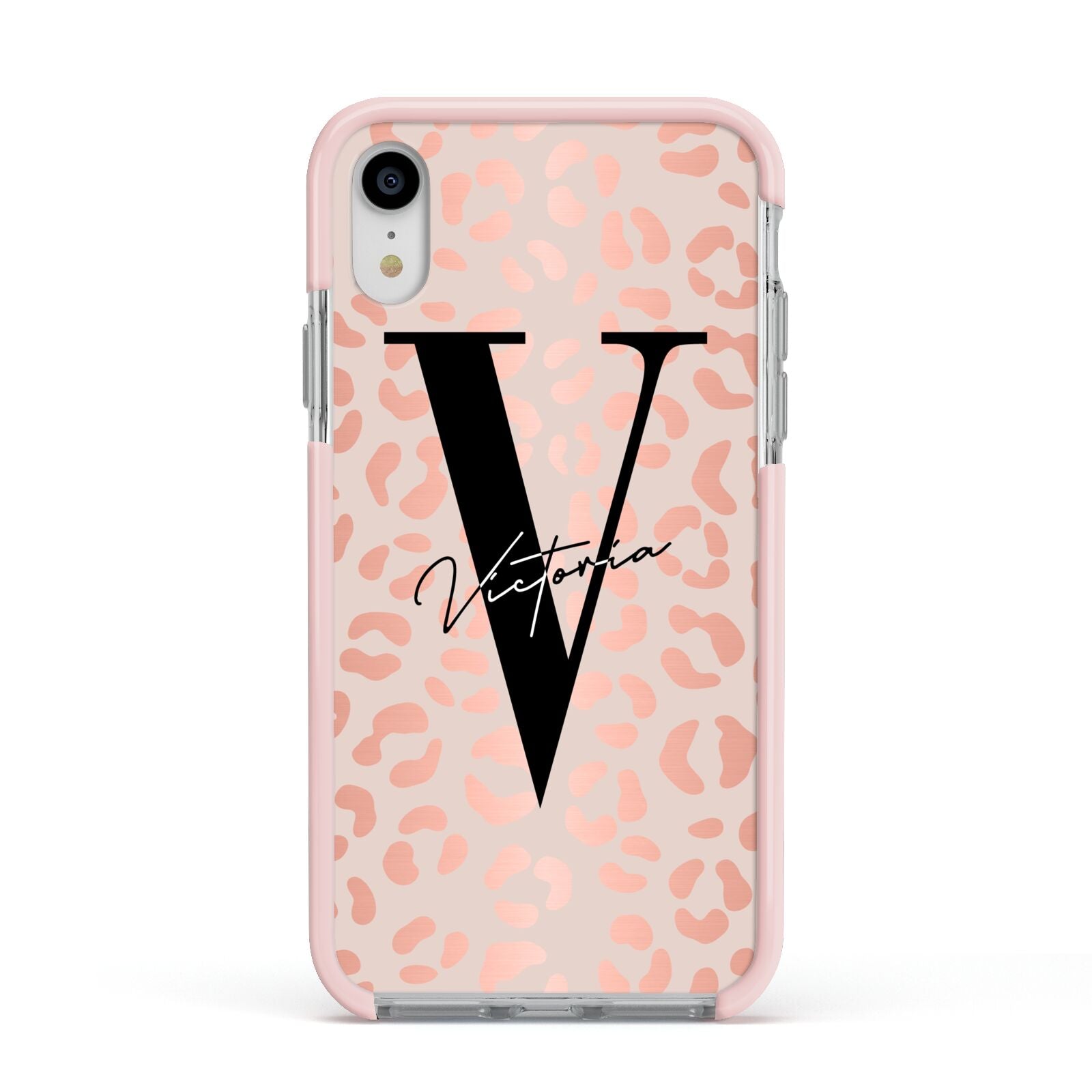 Personalised Leopard Print Rose Gold Apple iPhone XR Impact Case Pink Edge on Silver Phone