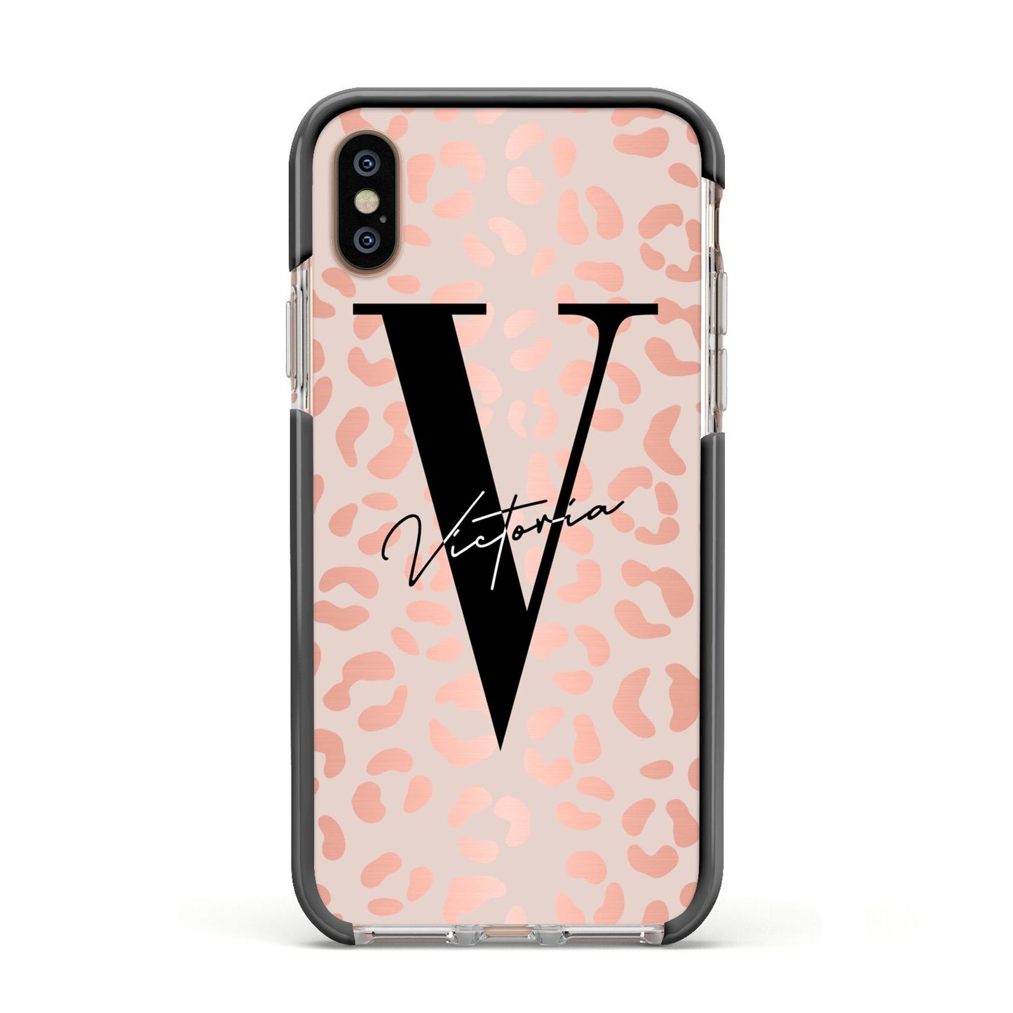 Personalised Leopard Print Rose Gold Apple iPhone Xs Impact Case Black Edge on Gold Phone