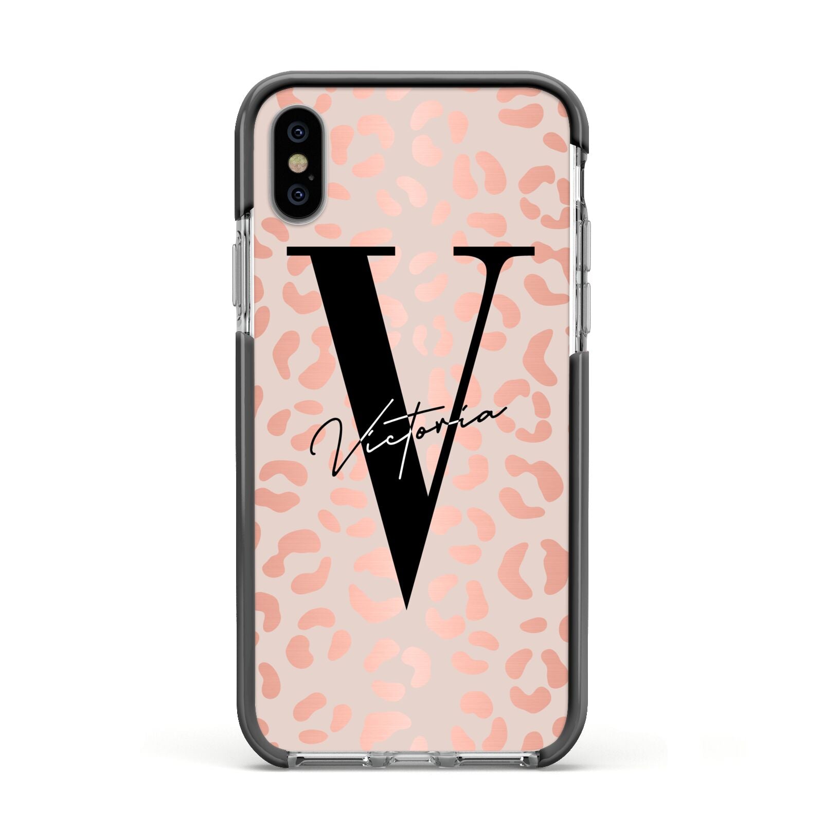 Personalised Leopard Print Rose Gold Apple iPhone Xs Impact Case Black Edge on Silver Phone