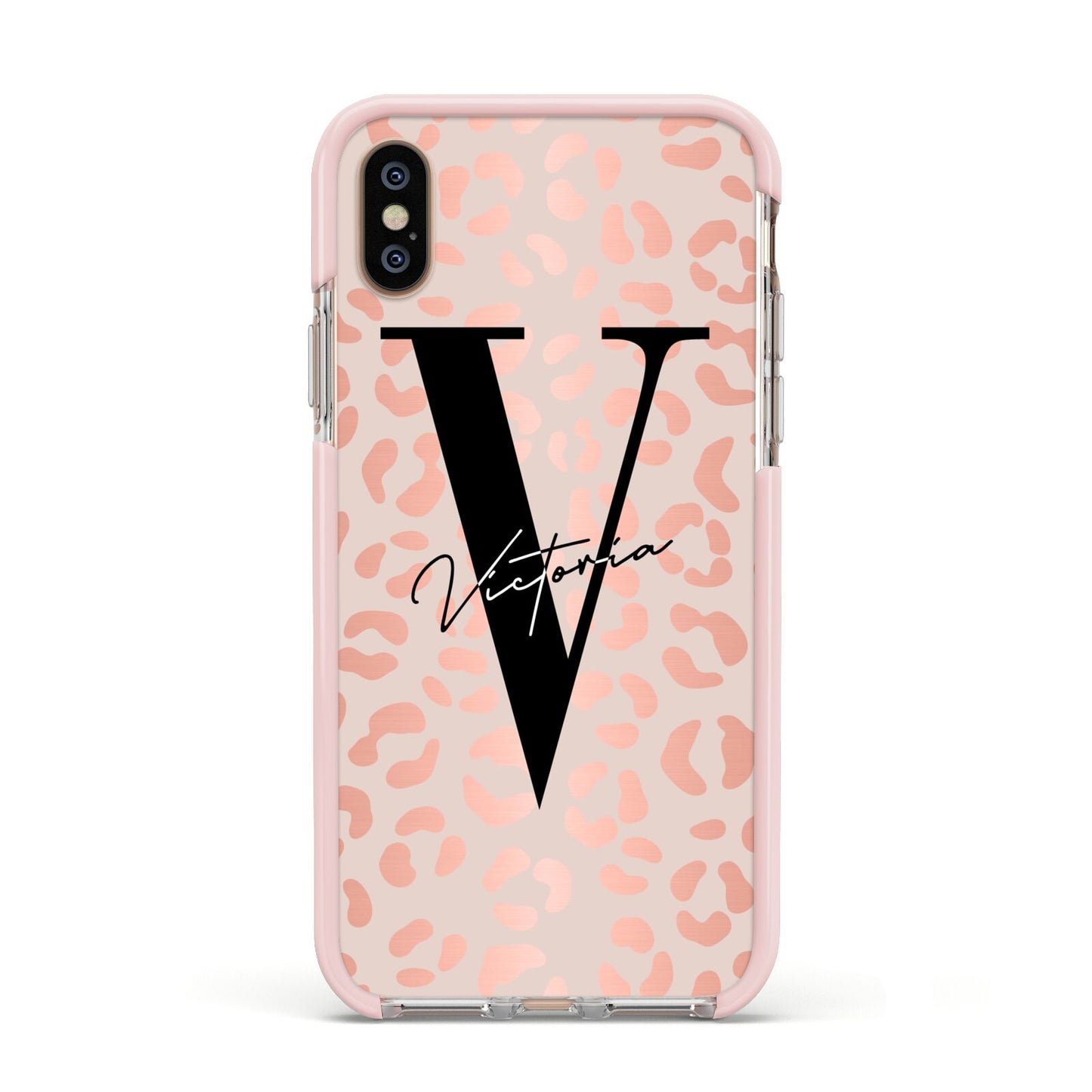 Personalised Leopard Print Rose Gold Apple iPhone Xs Impact Case Pink Edge on Gold Phone