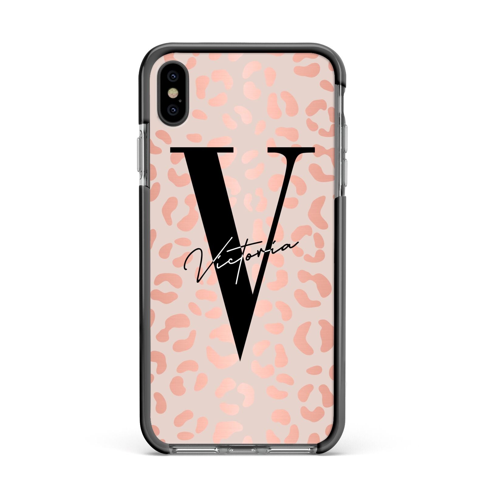 Personalised Leopard Print Rose Gold Apple iPhone Xs Max Impact Case Black Edge on Black Phone