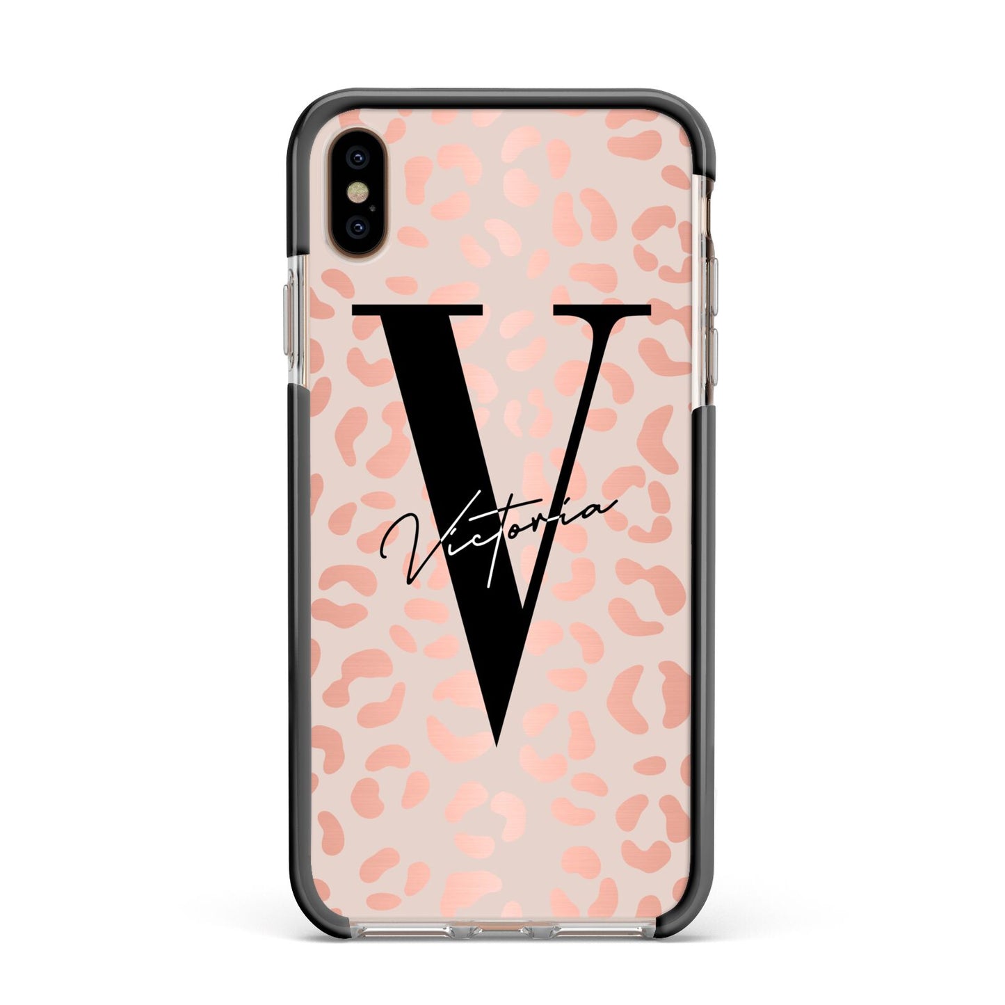 Personalised Leopard Print Rose Gold Apple iPhone Xs Max Impact Case Black Edge on Gold Phone