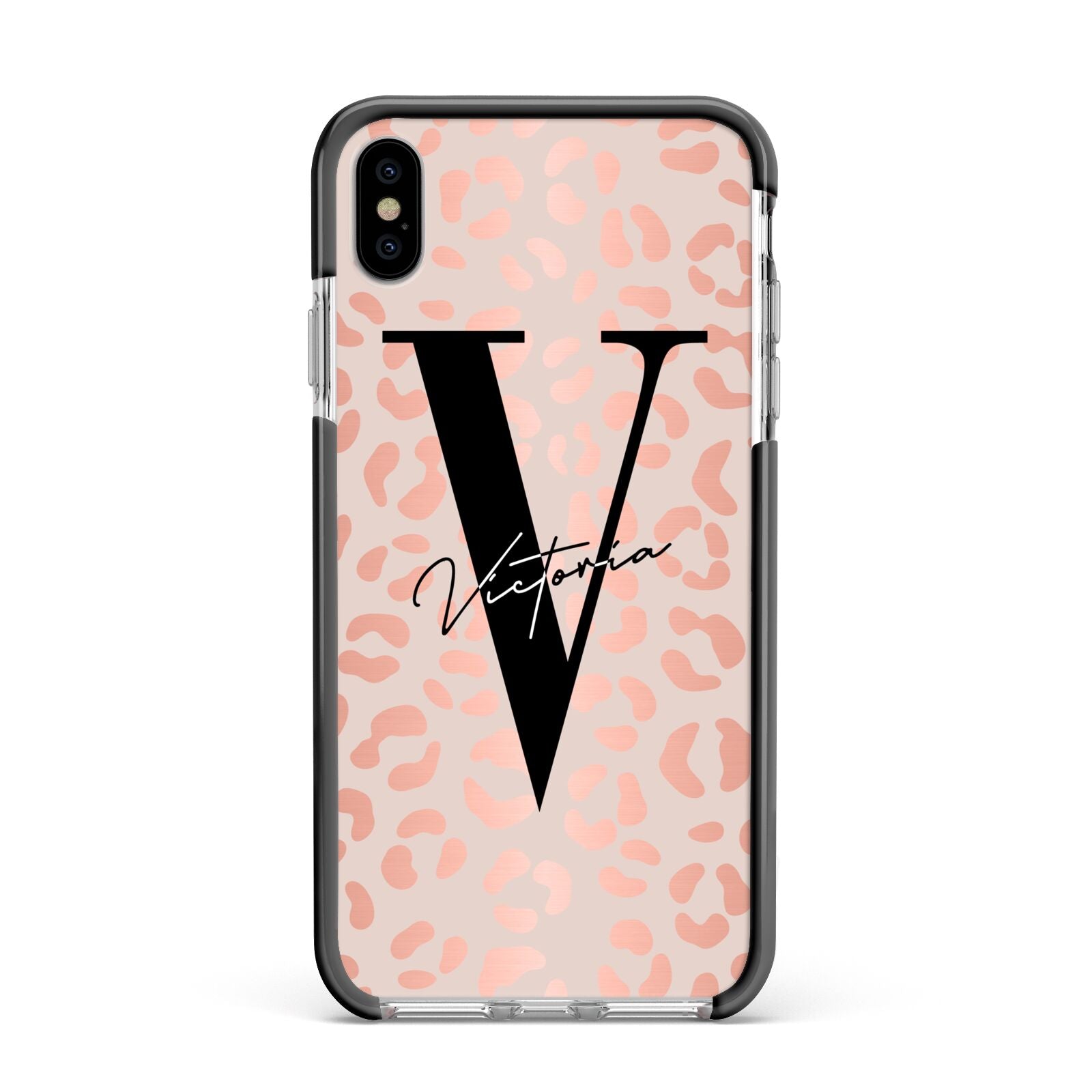 Personalised Leopard Print Rose Gold Apple iPhone Xs Max Impact Case Black Edge on Silver Phone