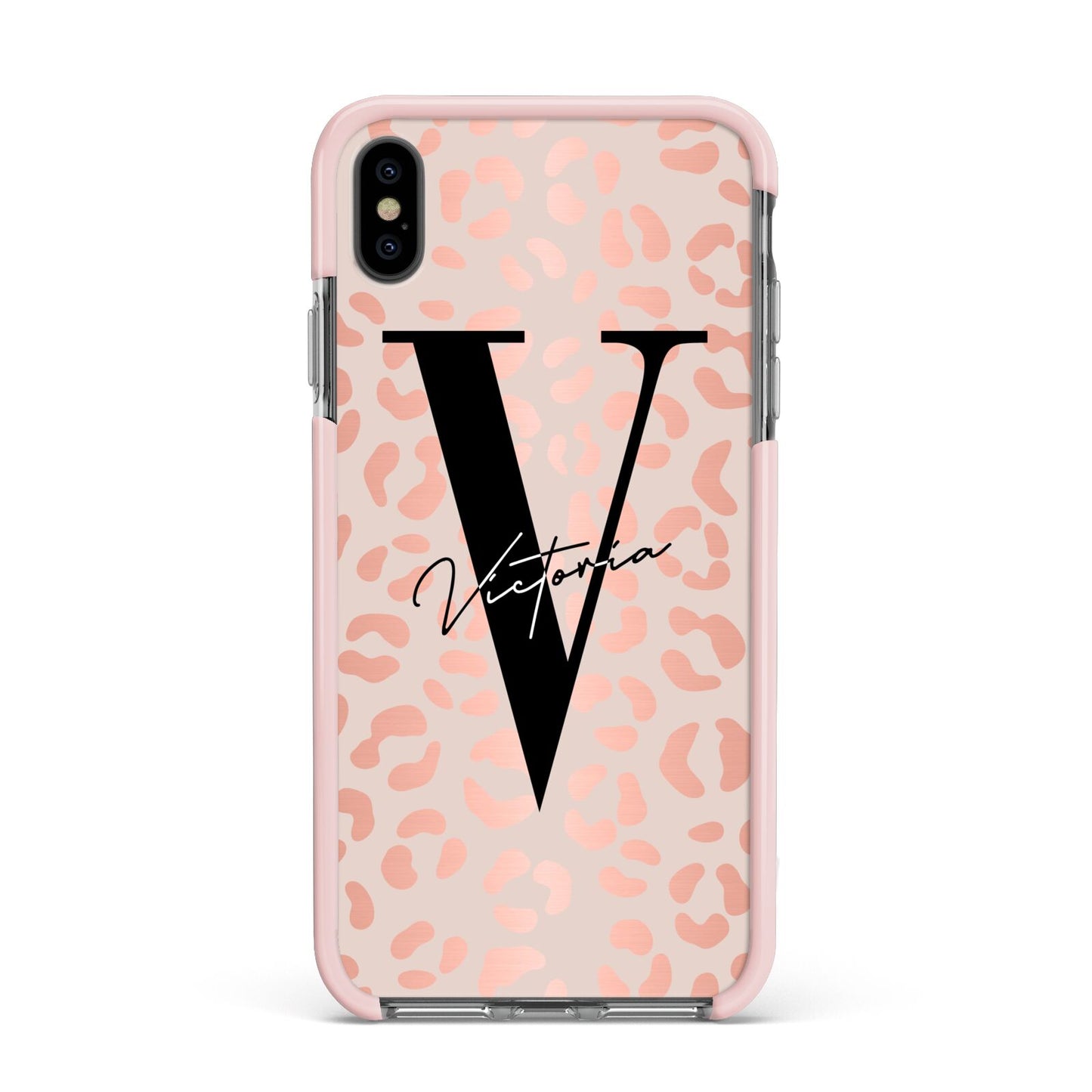 Personalised Leopard Print Rose Gold Apple iPhone Xs Max Impact Case Pink Edge on Black Phone
