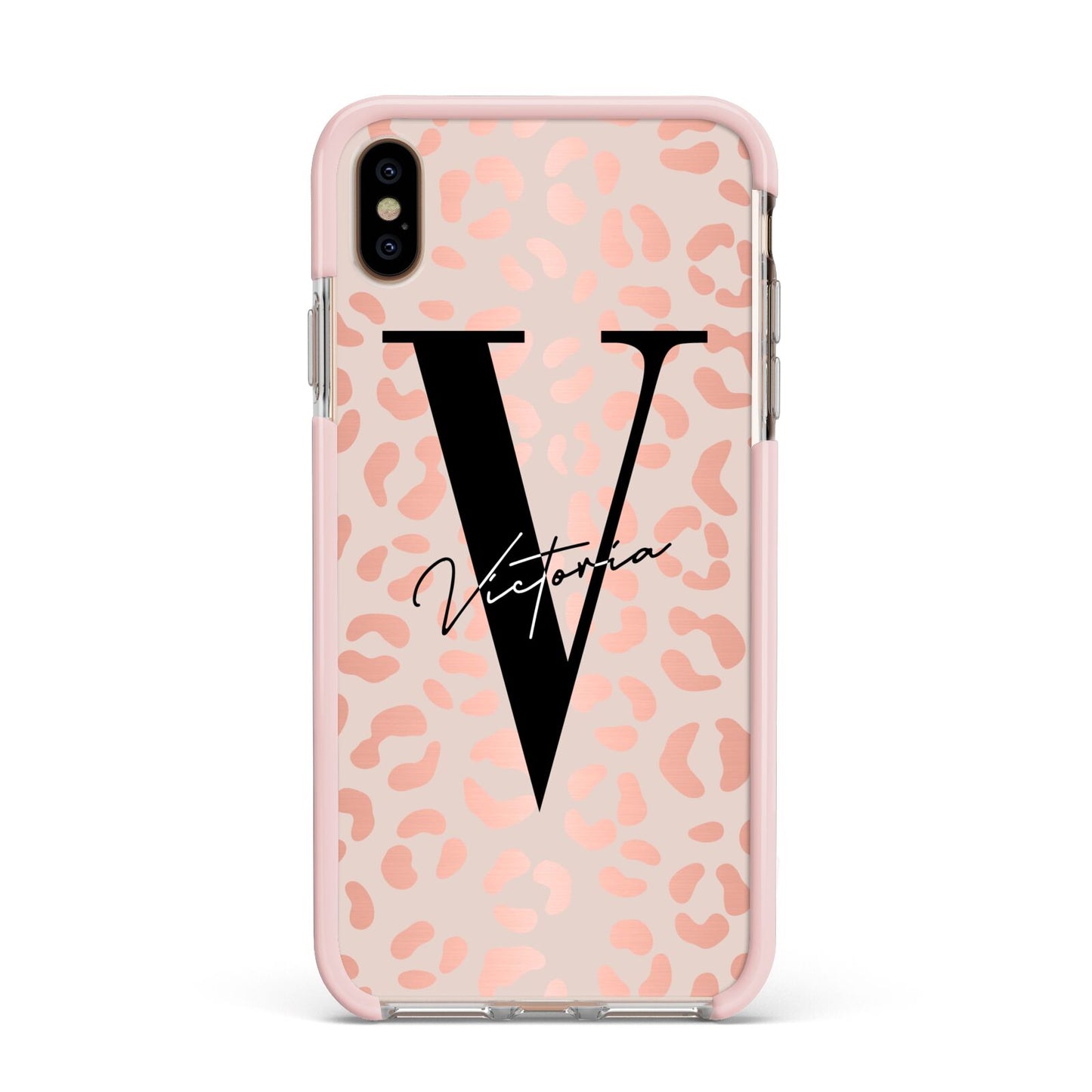 Personalised Leopard Print Rose Gold Apple iPhone Xs Max Impact Case Pink Edge on Gold Phone