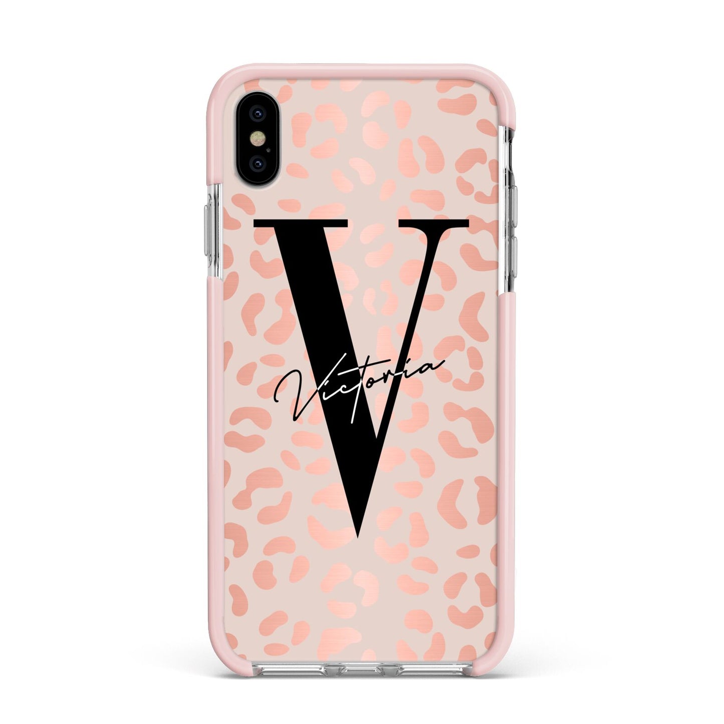 Personalised Leopard Print Rose Gold Apple iPhone Xs Max Impact Case Pink Edge on Silver Phone