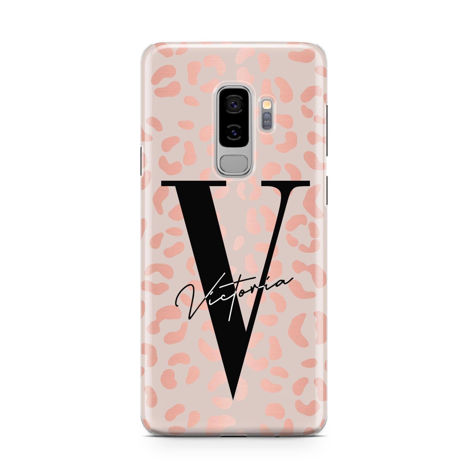Personalised Leopard Print Rose Gold Samsung Galaxy S9 Plus Case on Silver phone