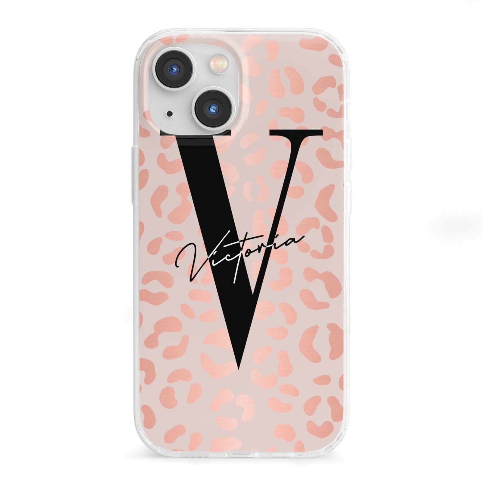Personalised Leopard Print Rose Gold iPhone 13 Mini Clear Bumper Case
