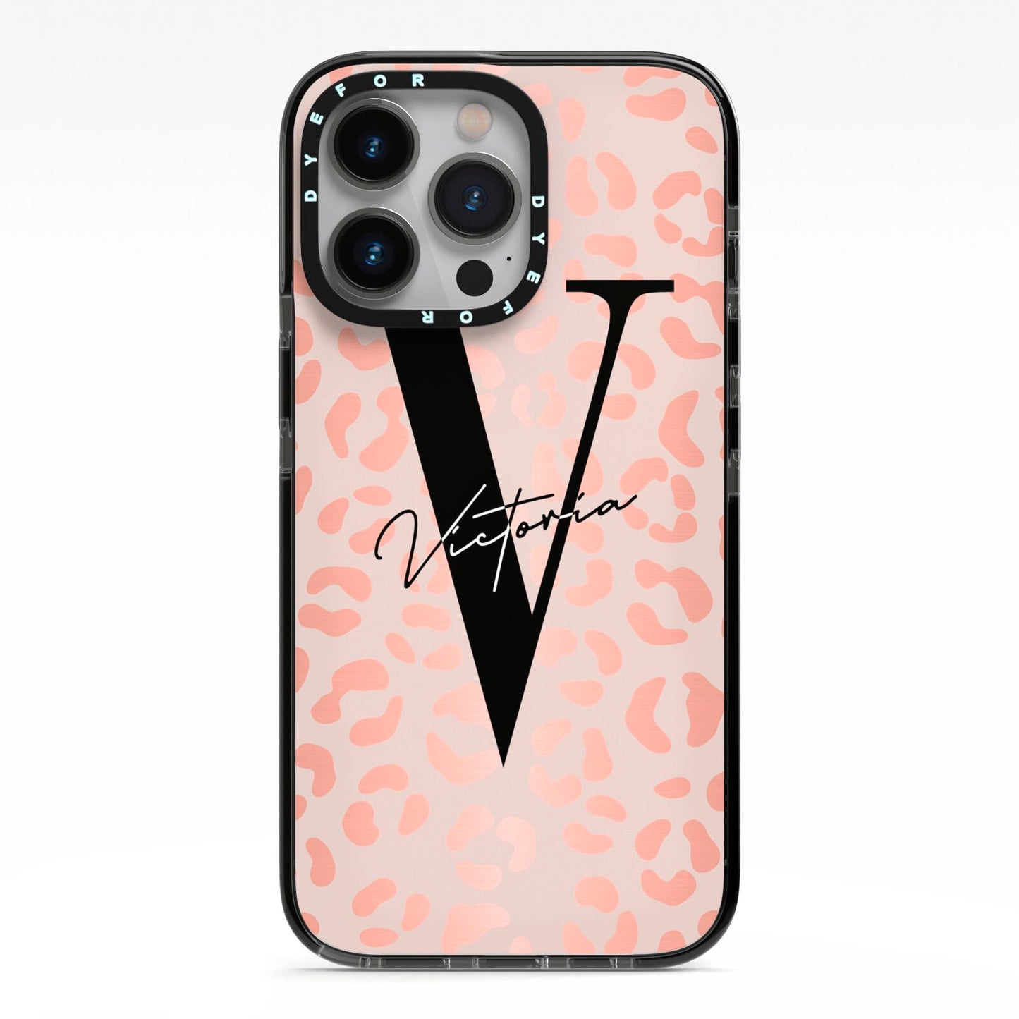 Personalised Leopard Print Rose Gold iPhone 13 Pro Black Impact Case on Silver phone