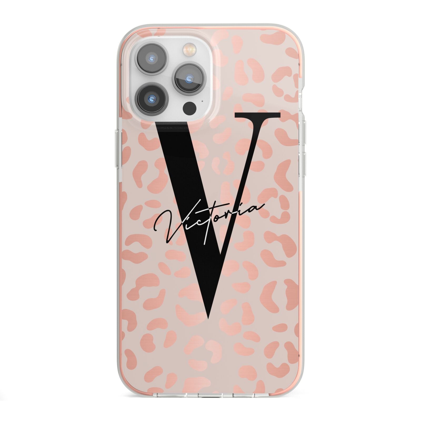 Personalised Leopard Print Rose Gold iPhone 13 Pro Max TPU Impact Case with Pink Edges