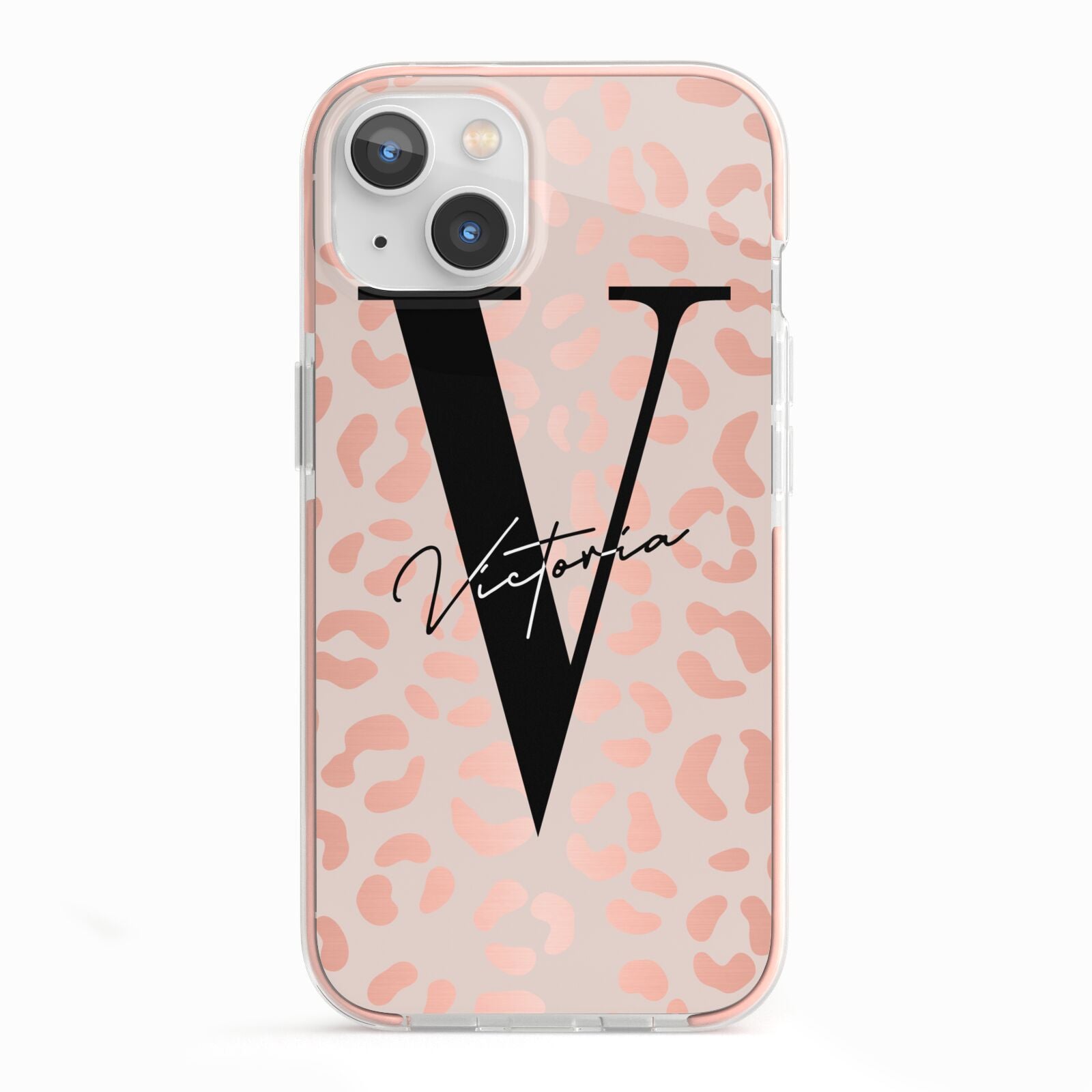 Personalised Leopard Print Rose Gold iPhone 13 TPU Impact Case with Pink Edges