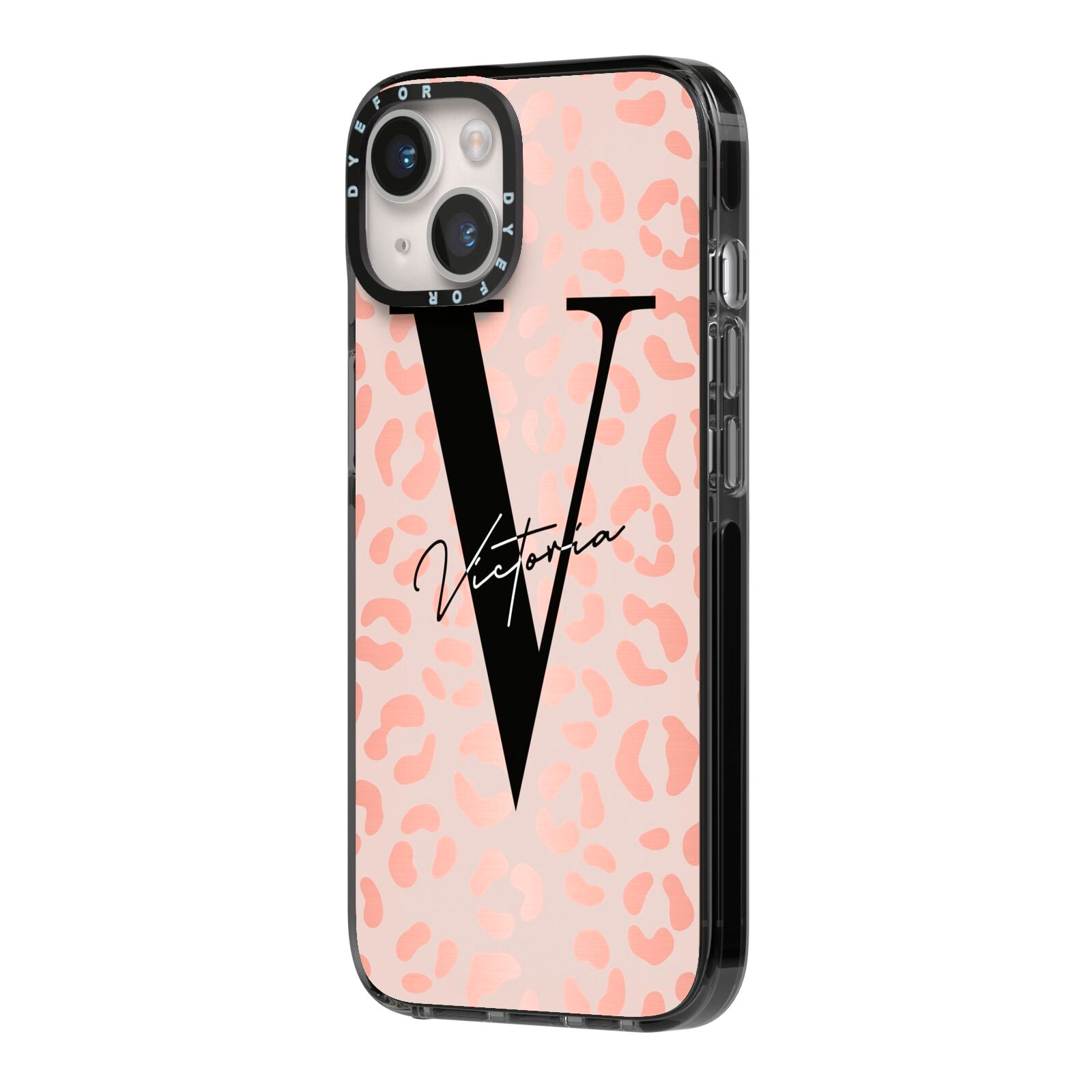 Personalised Leopard Print Rose Gold iPhone 14 Black Impact Case Side Angle on Silver phone
