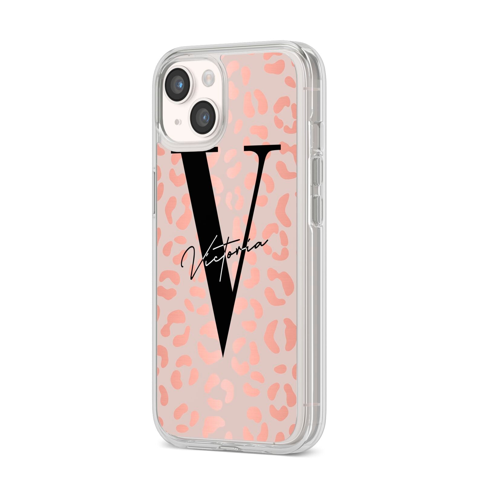 Personalised Leopard Print Rose Gold iPhone 14 Clear Tough Case Starlight Angled Image