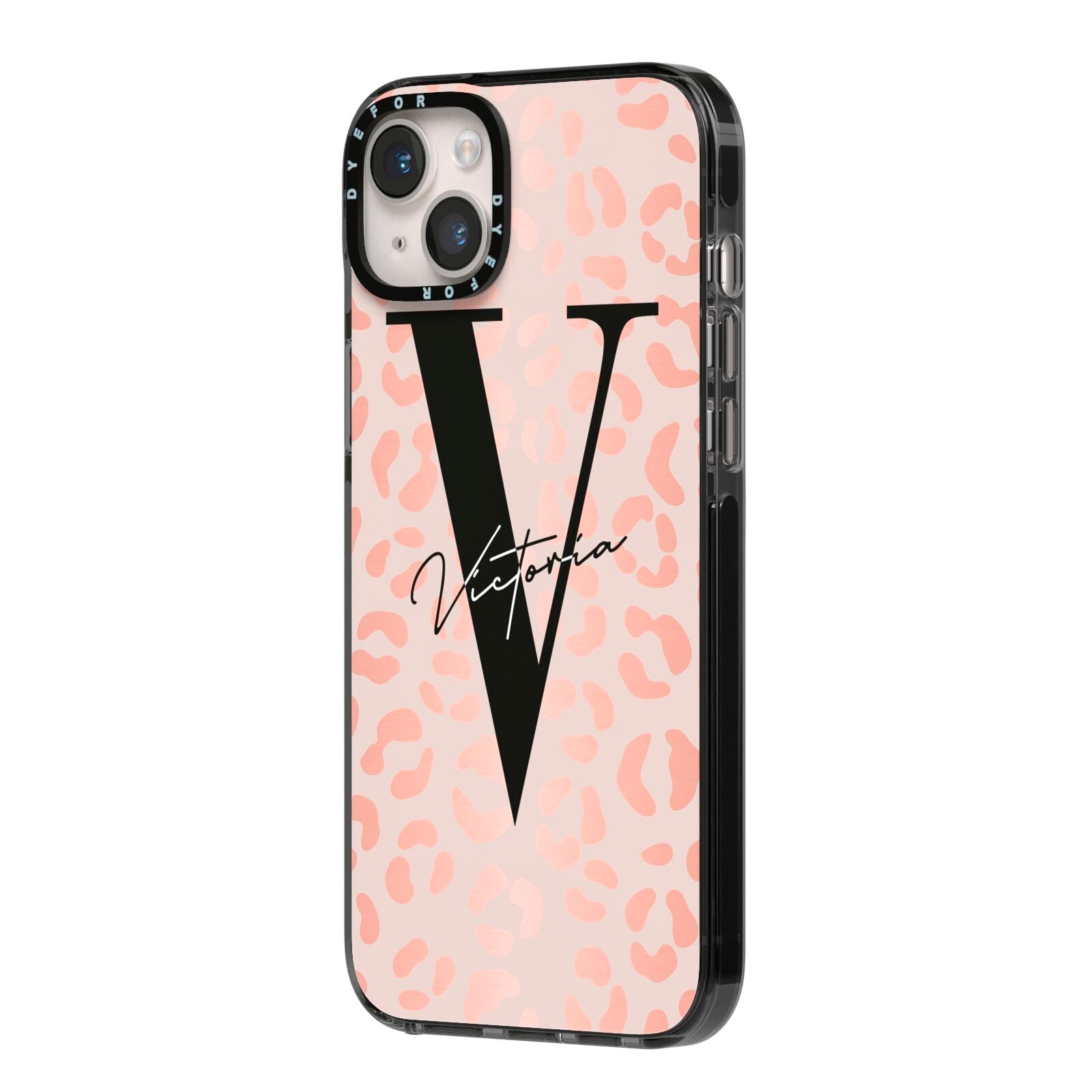 Personalised Leopard Print Rose Gold iPhone 14 Plus Black Impact Case Side Angle on Silver phone