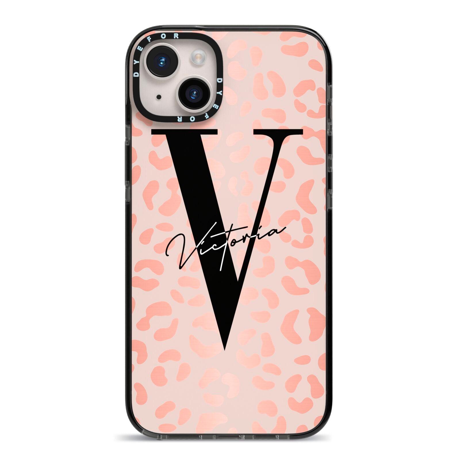 Personalised Leopard Print Rose Gold iPhone 14 Plus Black Impact Case on Silver phone