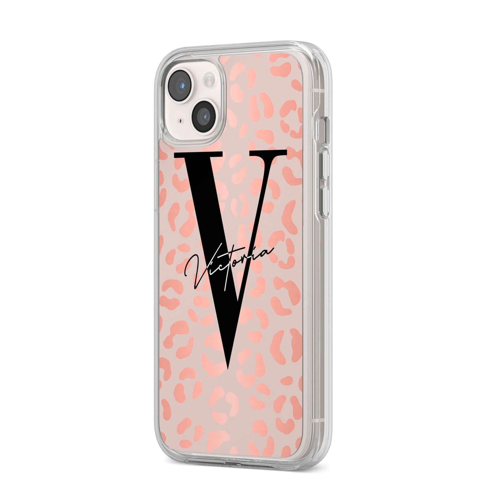 Personalised Leopard Print Rose Gold iPhone 14 Plus Clear Tough Case Starlight Angled Image