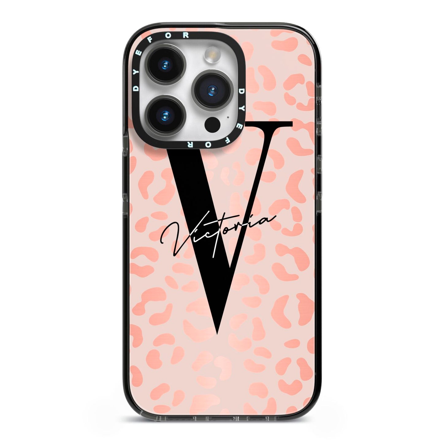 Personalised Leopard Print Rose Gold iPhone 14 Pro Black Impact Case on Silver phone