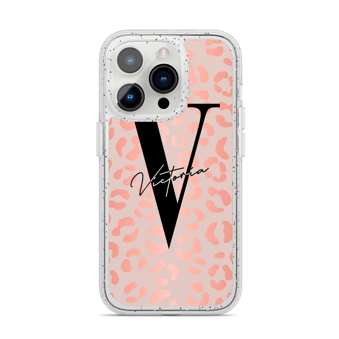 Personalised Leopard Print Rose Gold iPhone 14 Pro Glitter Tough Case Silver