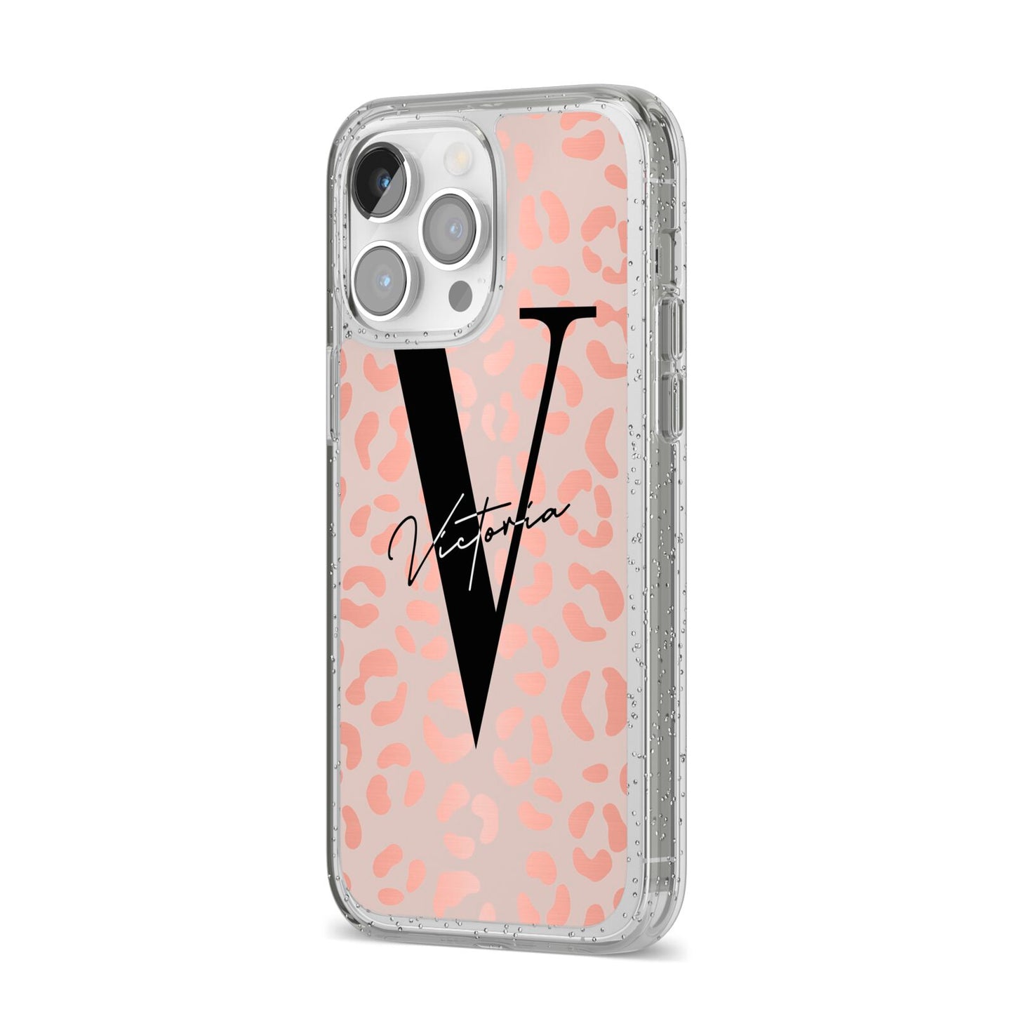 Personalised Leopard Print Rose Gold iPhone 14 Pro Max Glitter Tough Case Silver Angled Image