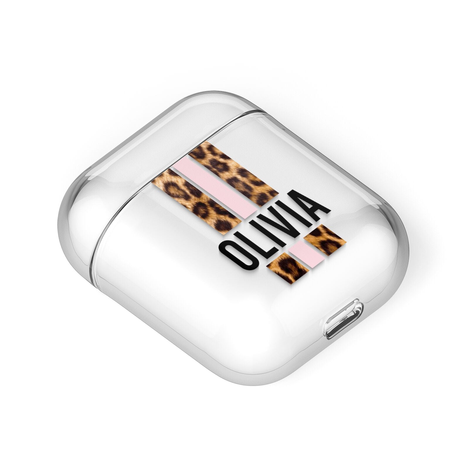 Personalised Leopard Print Stripe AirPods Case Laid Flat