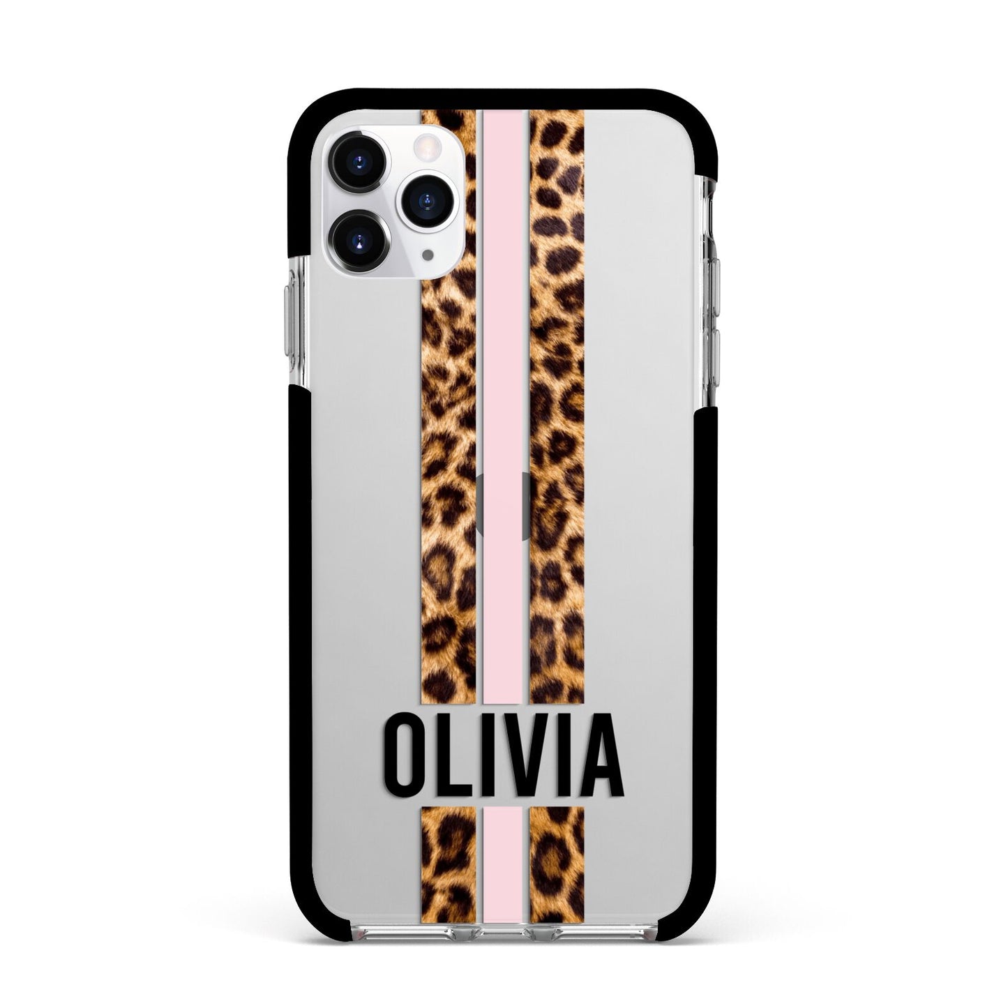 Personalised Leopard Print Stripe Apple iPhone 11 Pro Max in Silver with Black Impact Case