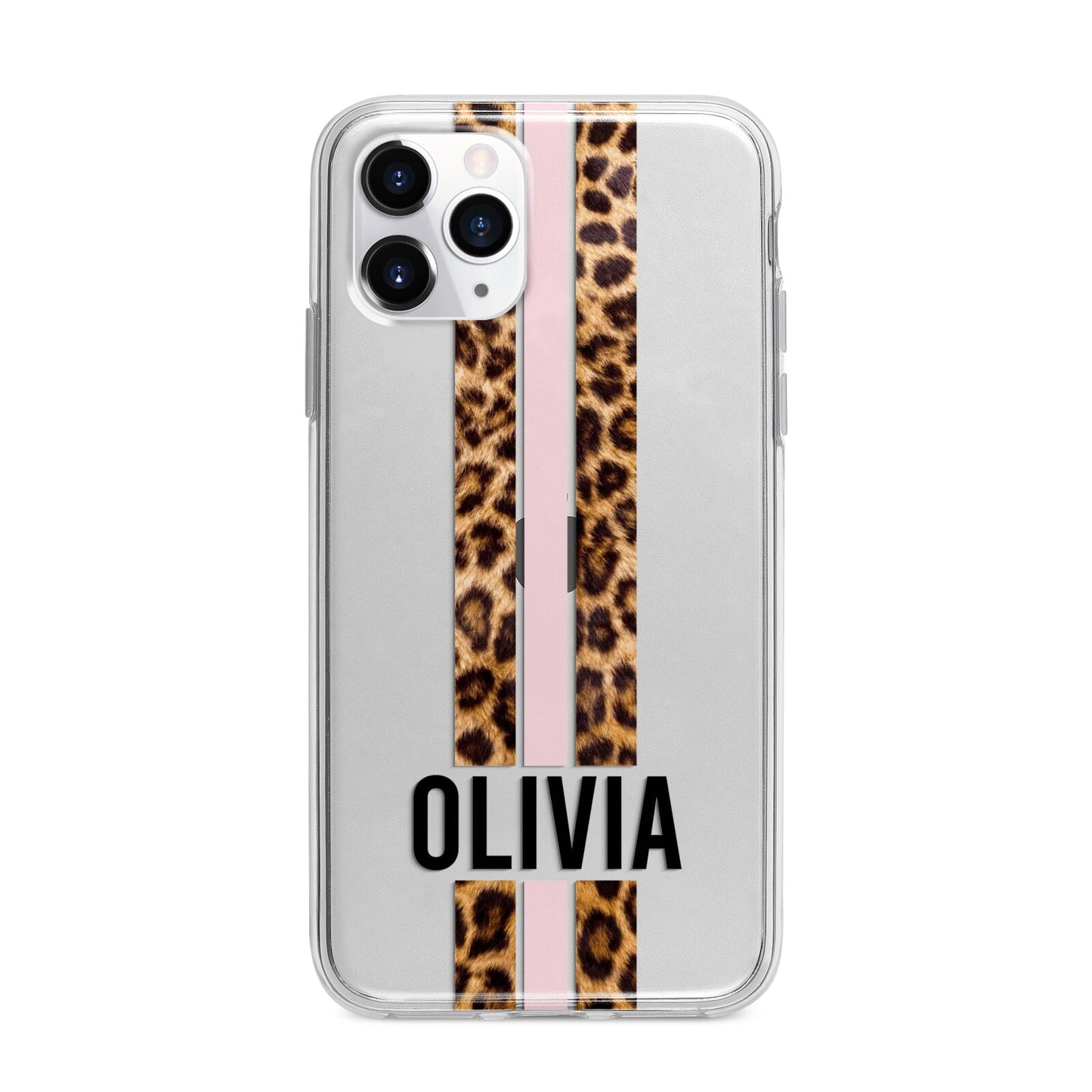 Personalised Leopard Print Stripe Apple iPhone 11 Pro Max in Silver with Bumper Case