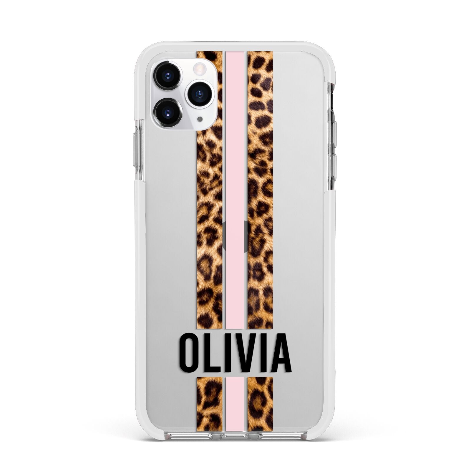 Personalised Leopard Print Stripe Apple iPhone 11 Pro Max in Silver with White Impact Case