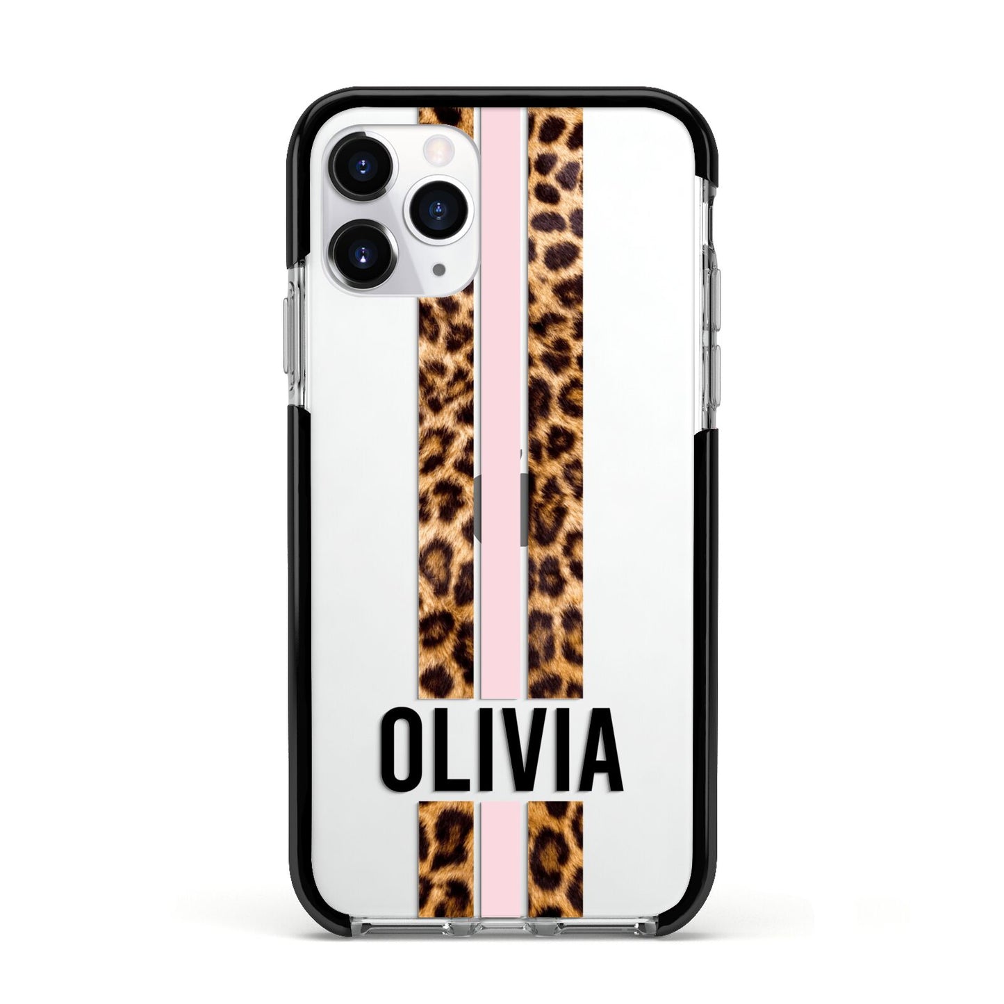 Personalised Leopard Print Stripe Apple iPhone 11 Pro in Silver with Black Impact Case