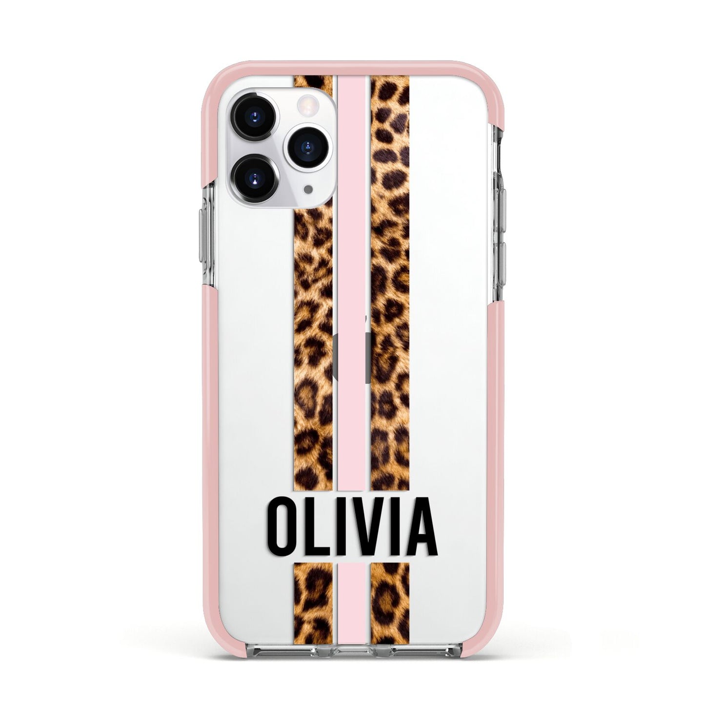 Personalised Leopard Print Stripe Apple iPhone 11 Pro in Silver with Pink Impact Case