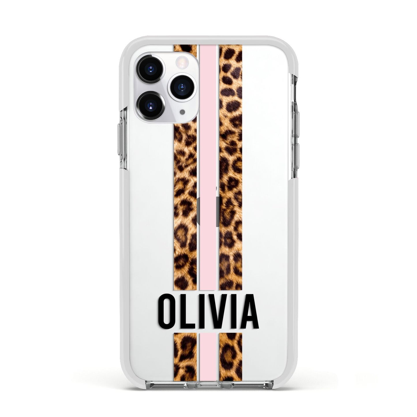 Personalised Leopard Print Stripe Apple iPhone 11 Pro in Silver with White Impact Case