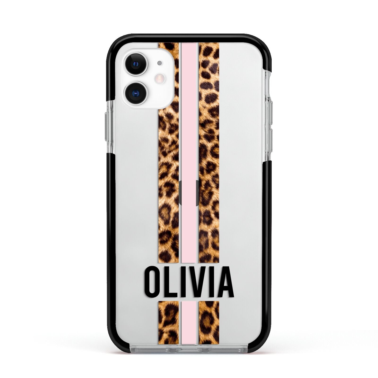 Personalised Leopard Print Stripe Apple iPhone 11 in White with Black Impact Case