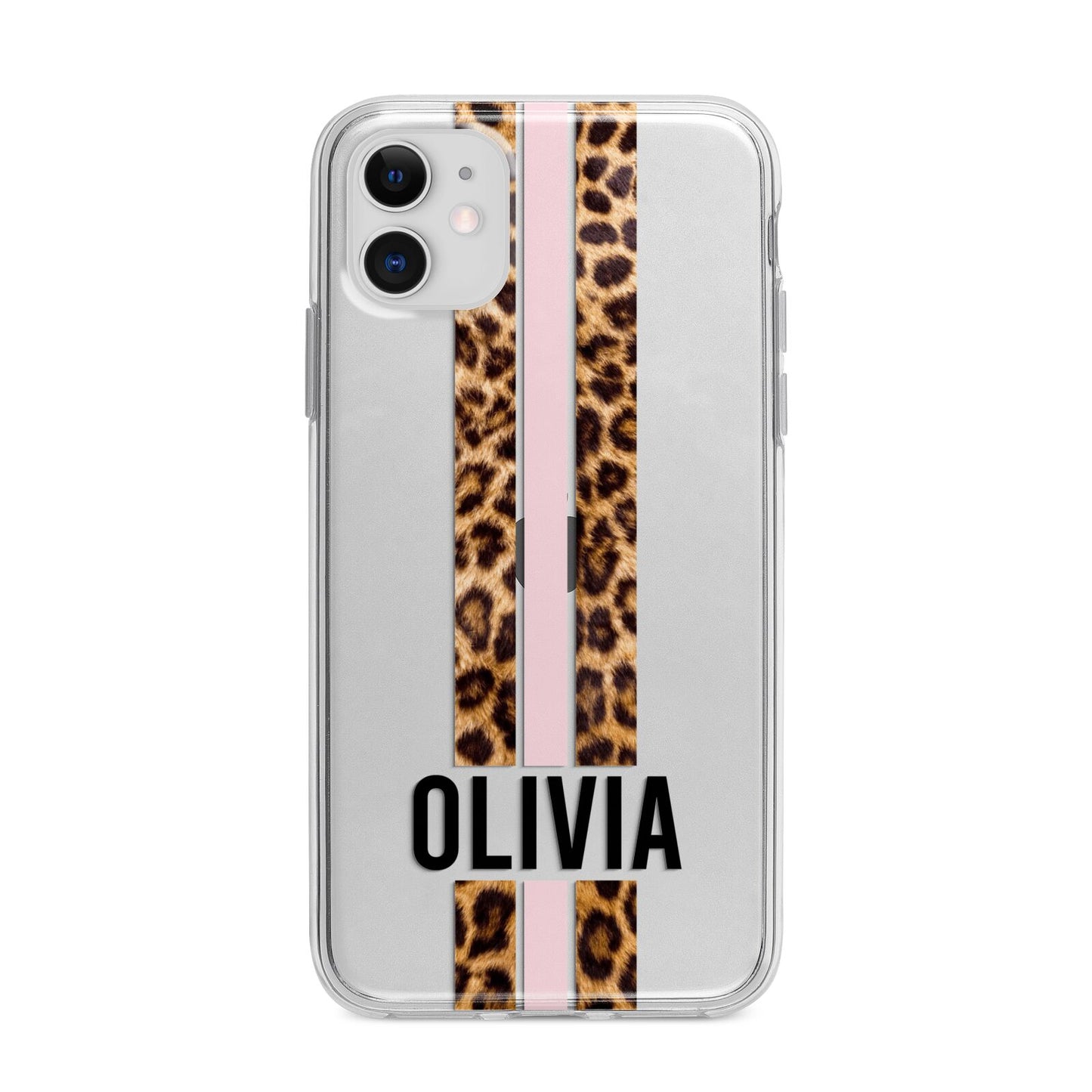 Personalised Leopard Print Stripe Apple iPhone 11 in White with Bumper Case