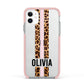 Personalised Leopard Print Stripe Apple iPhone 11 in White with Pink Impact Case