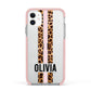 Personalised Leopard Print Stripe Apple iPhone 11 in White with Pink Impact Case