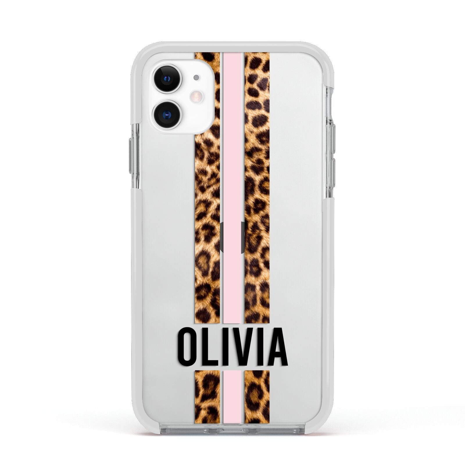 Personalised Leopard Print Stripe Apple iPhone 11 in White with White Impact Case