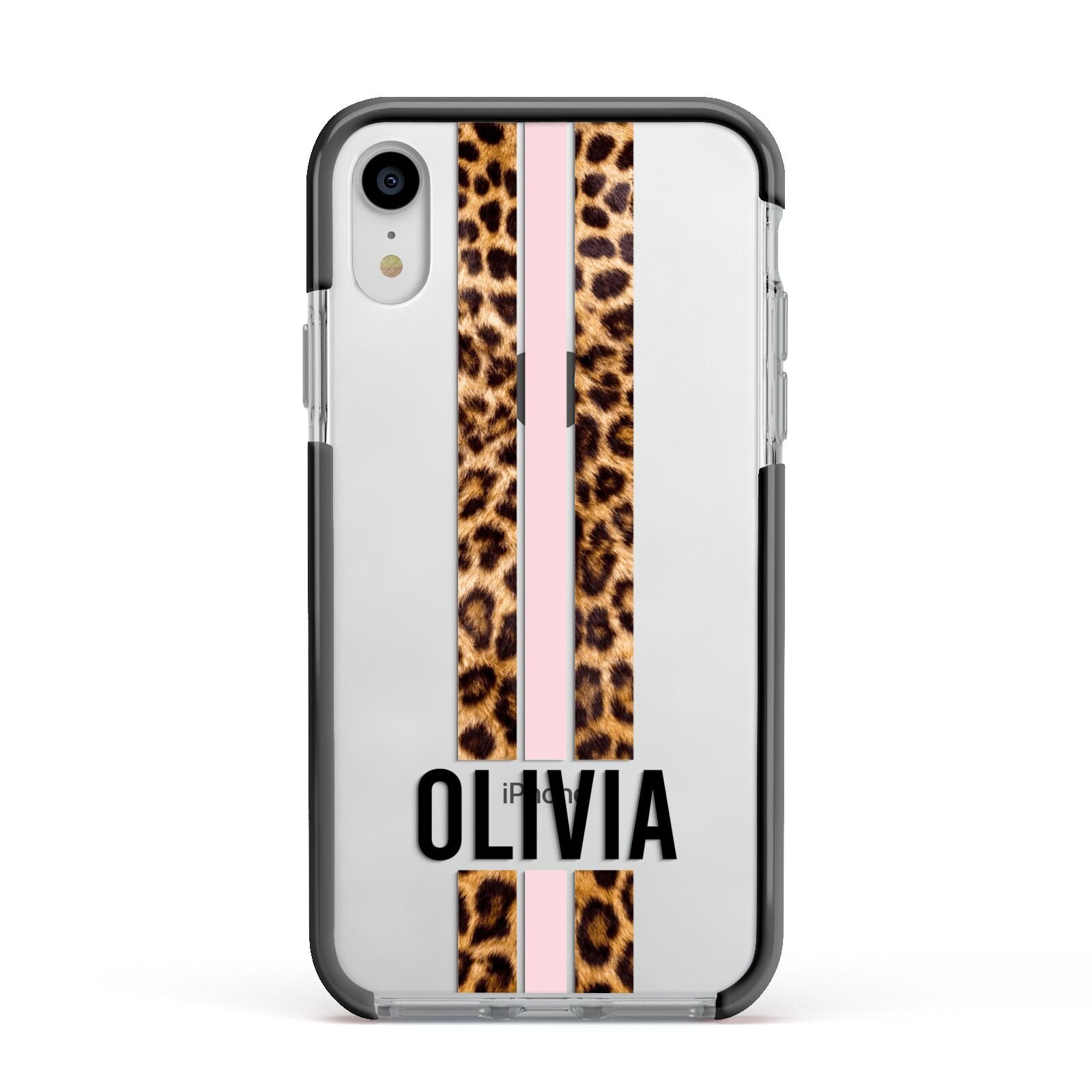 Personalised Leopard Print Stripe Apple iPhone XR Impact Case Black Edge on Silver Phone