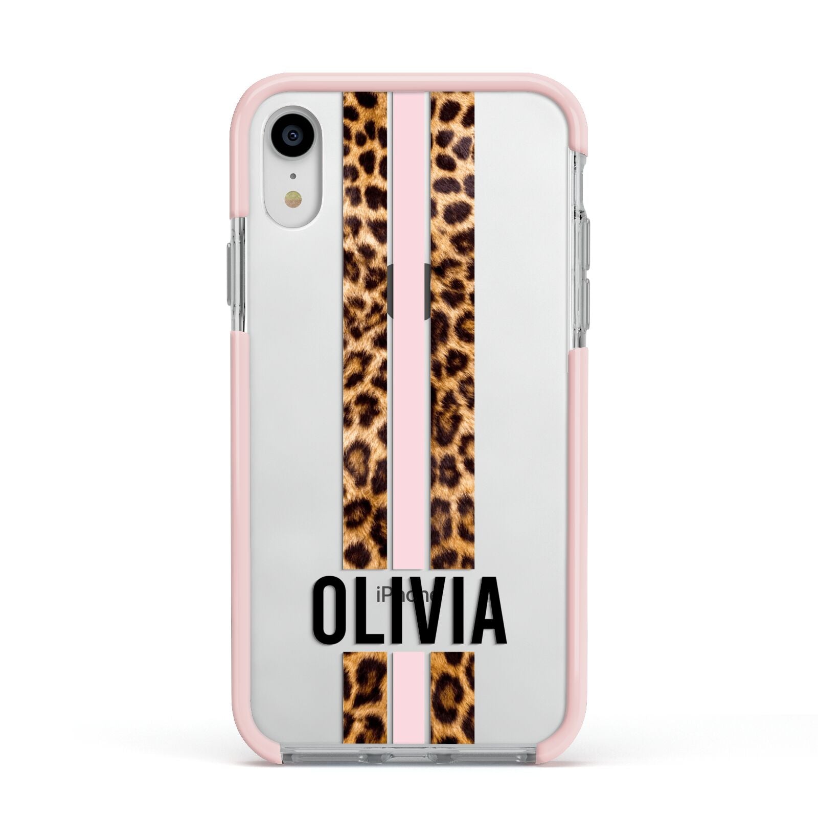 Personalised Leopard Print Stripe Apple iPhone XR Impact Case Pink Edge on Silver Phone