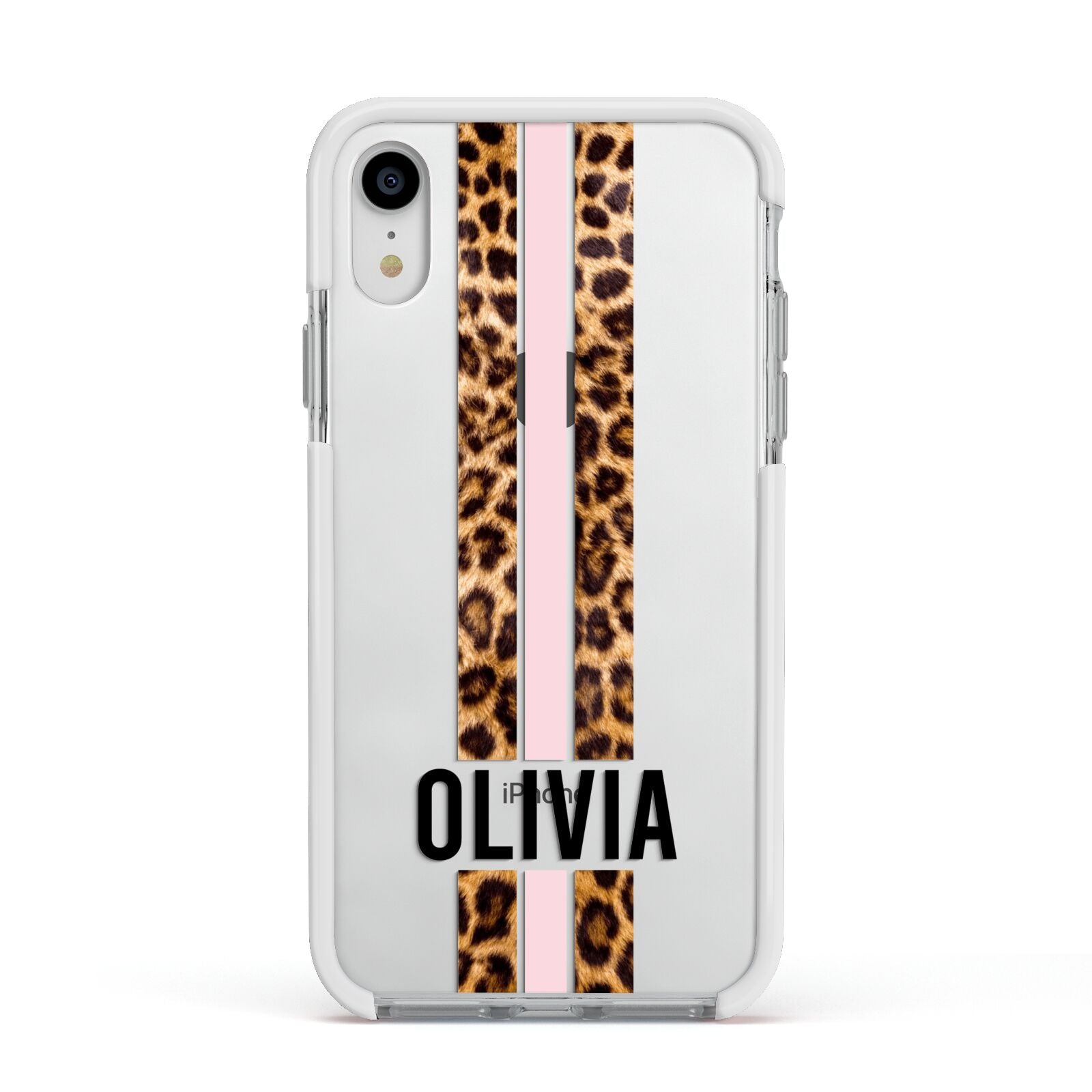 Personalised Leopard Print Stripe Apple iPhone XR Impact Case White Edge on Silver Phone