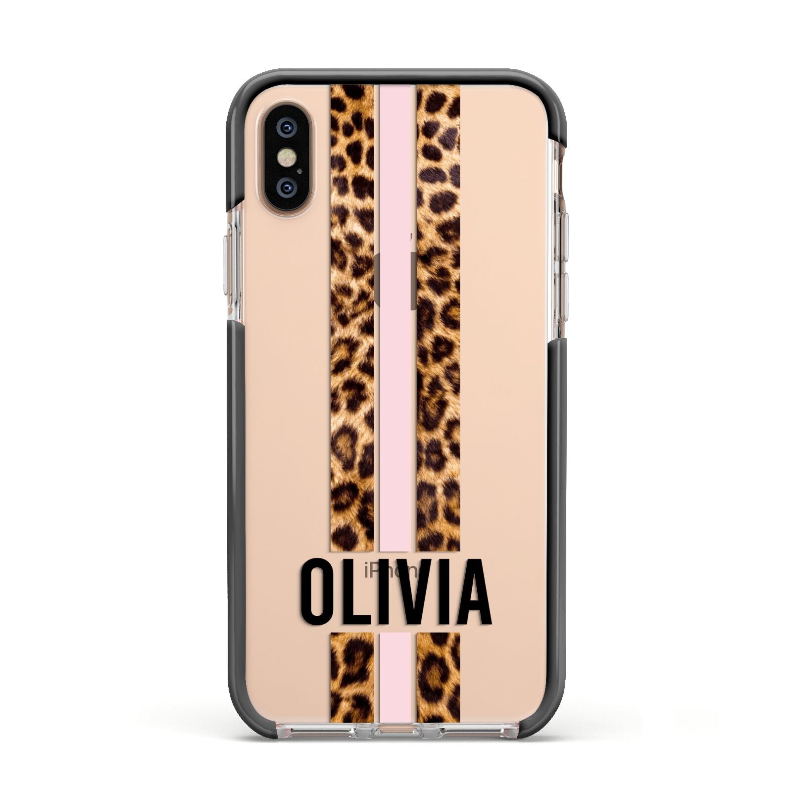 Personalised Leopard Print Stripe Apple iPhone Xs Impact Case Black Edge on Gold Phone