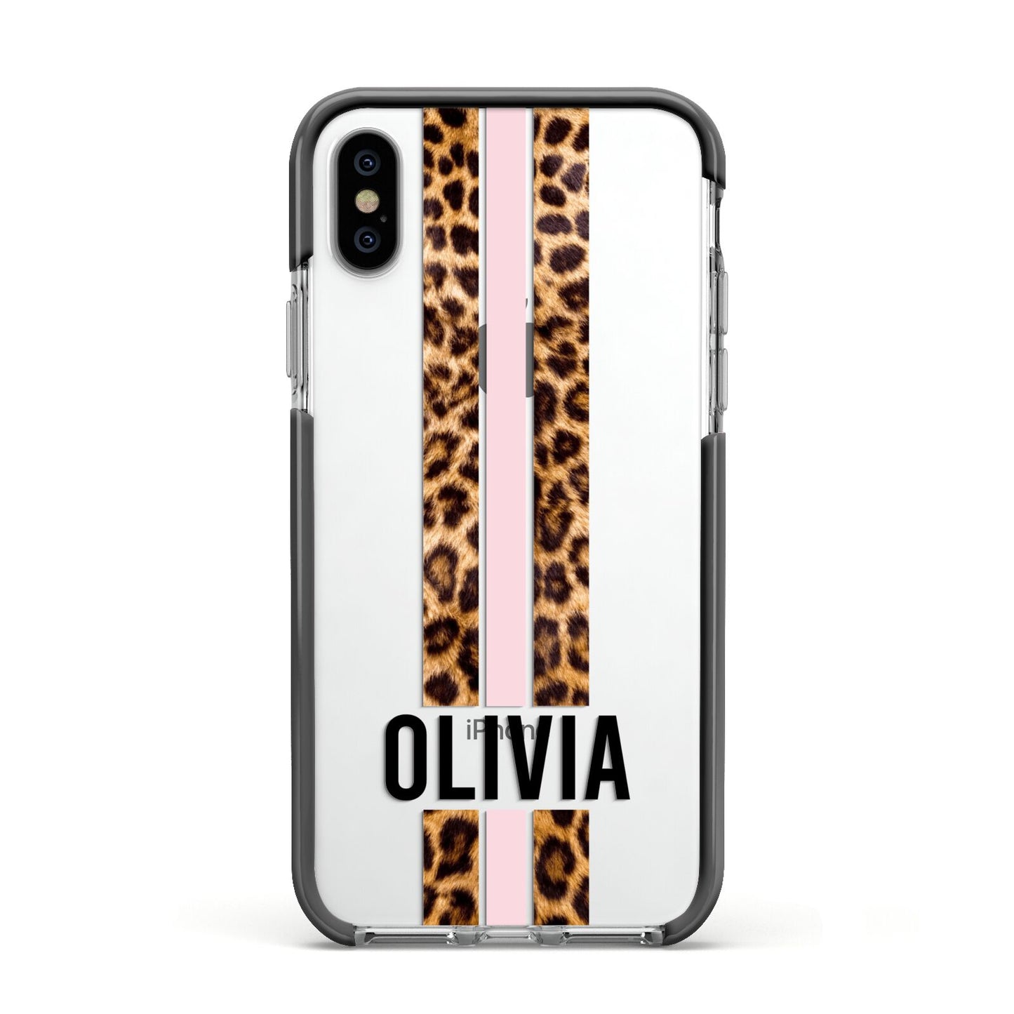 Personalised Leopard Print Stripe Apple iPhone Xs Impact Case Black Edge on Silver Phone
