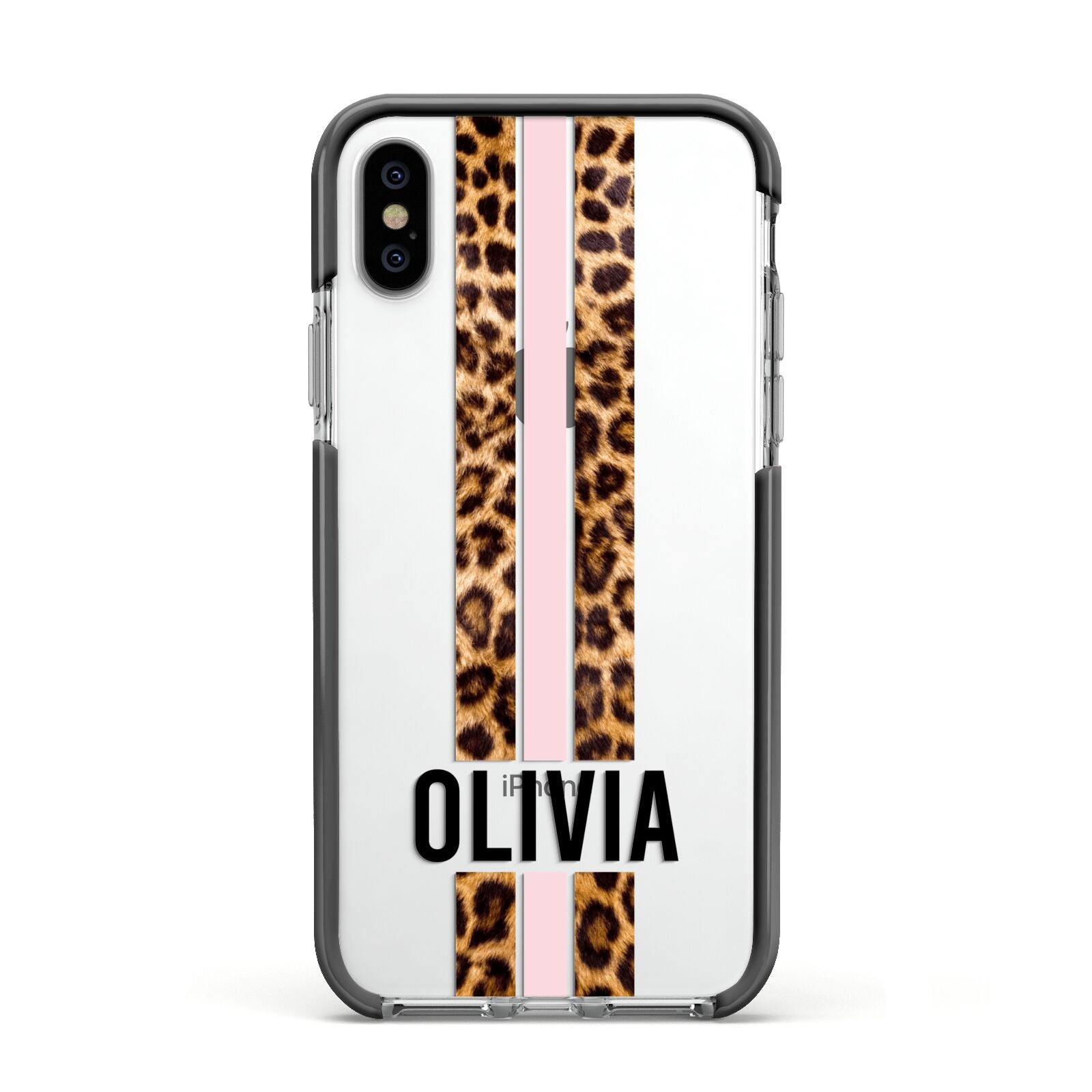 Personalised Leopard Print Stripe Apple iPhone Xs Impact Case Black Edge on Silver Phone