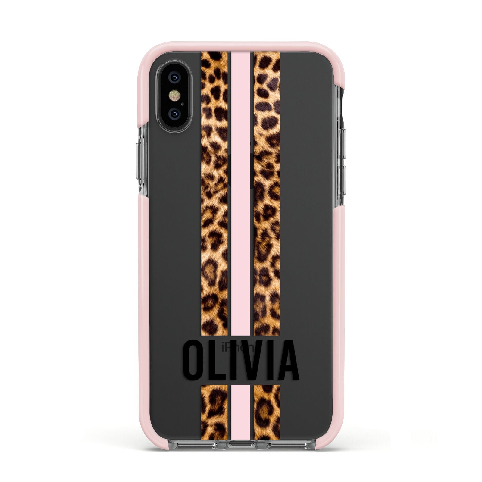 Personalised Leopard Print Stripe Apple iPhone Xs Impact Case Pink Edge on Black Phone