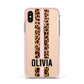 Personalised Leopard Print Stripe Apple iPhone Xs Impact Case Pink Edge on Gold Phone