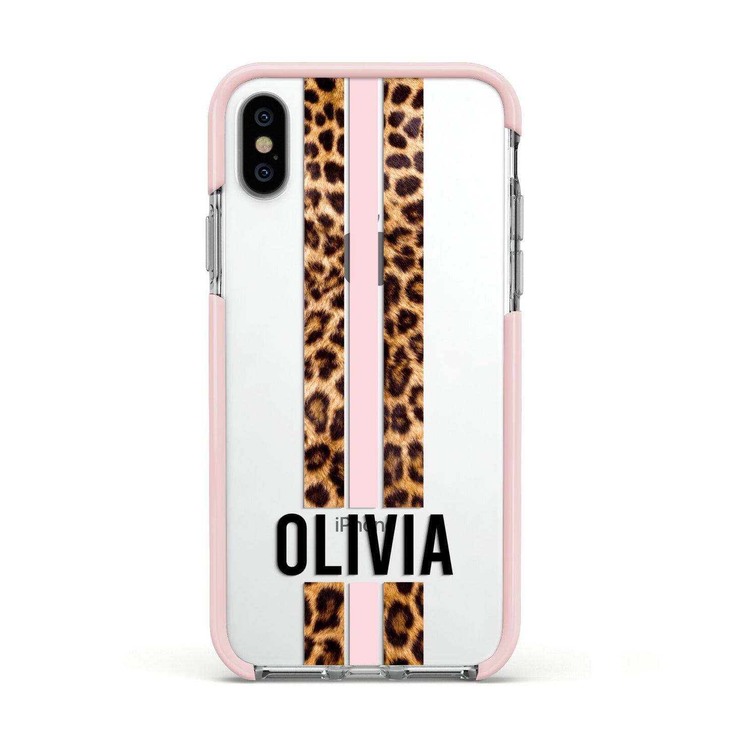 Personalised Leopard Print Stripe Apple iPhone Xs Impact Case Pink Edge on Silver Phone