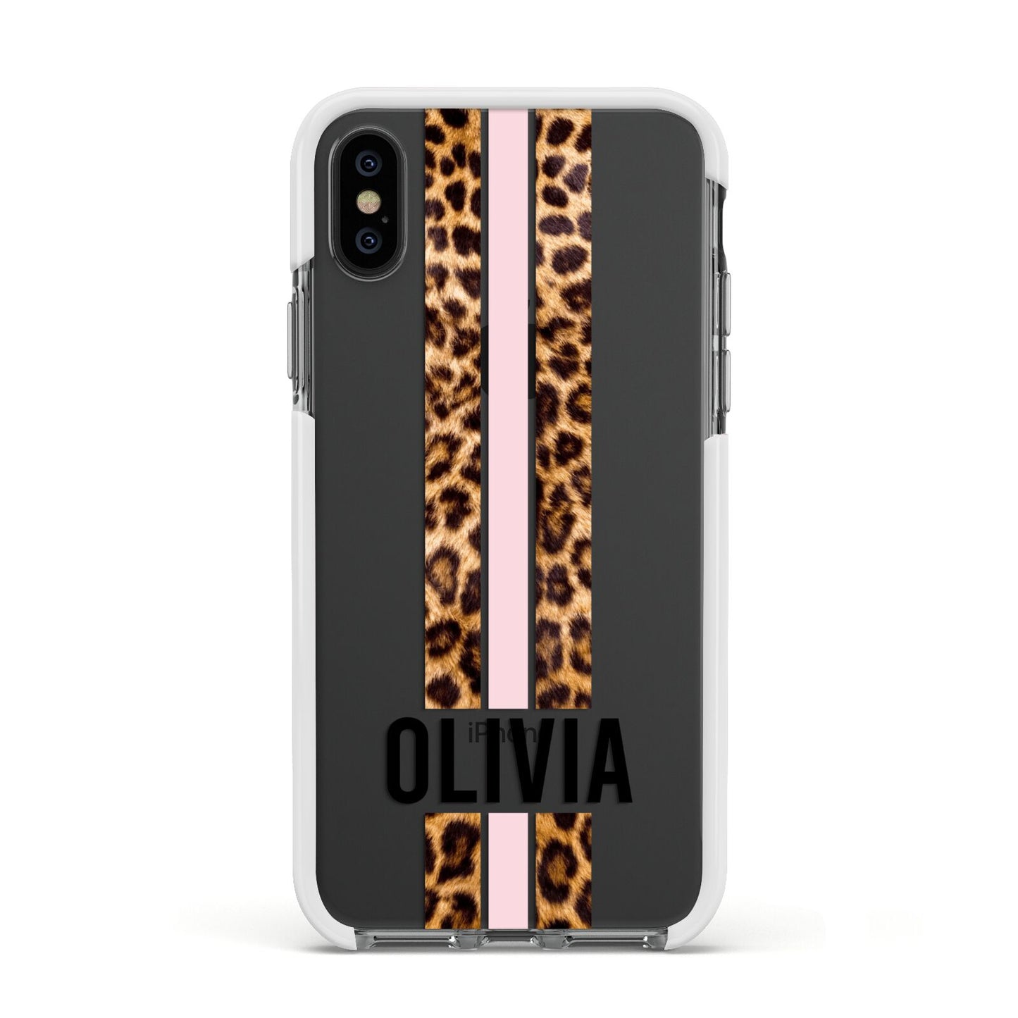 Personalised Leopard Print Stripe Apple iPhone Xs Impact Case White Edge on Black Phone
