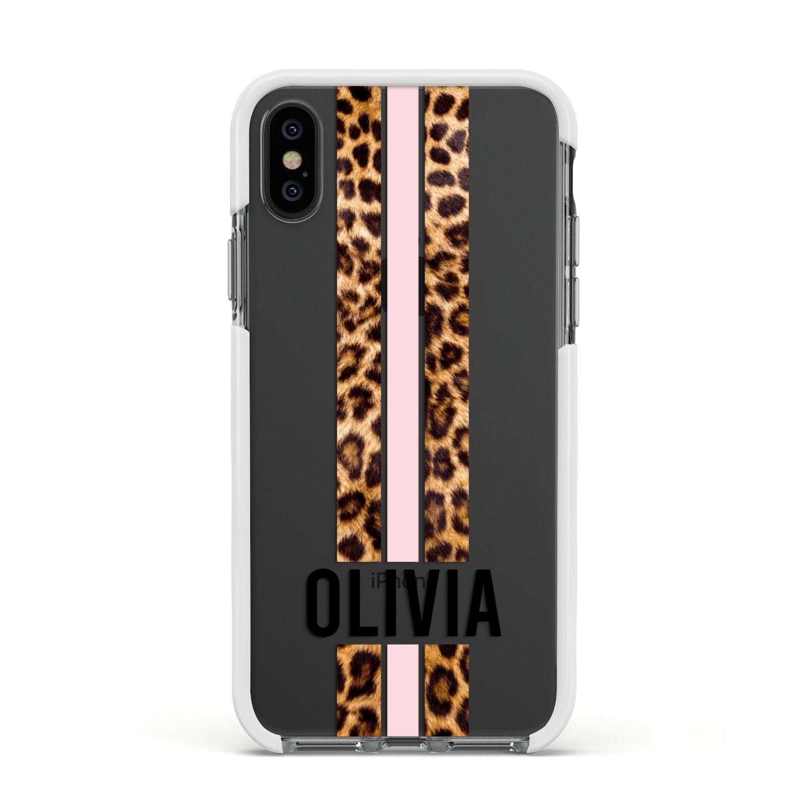Personalised Leopard Print Stripe Apple iPhone Xs Impact Case White Edge on Black Phone