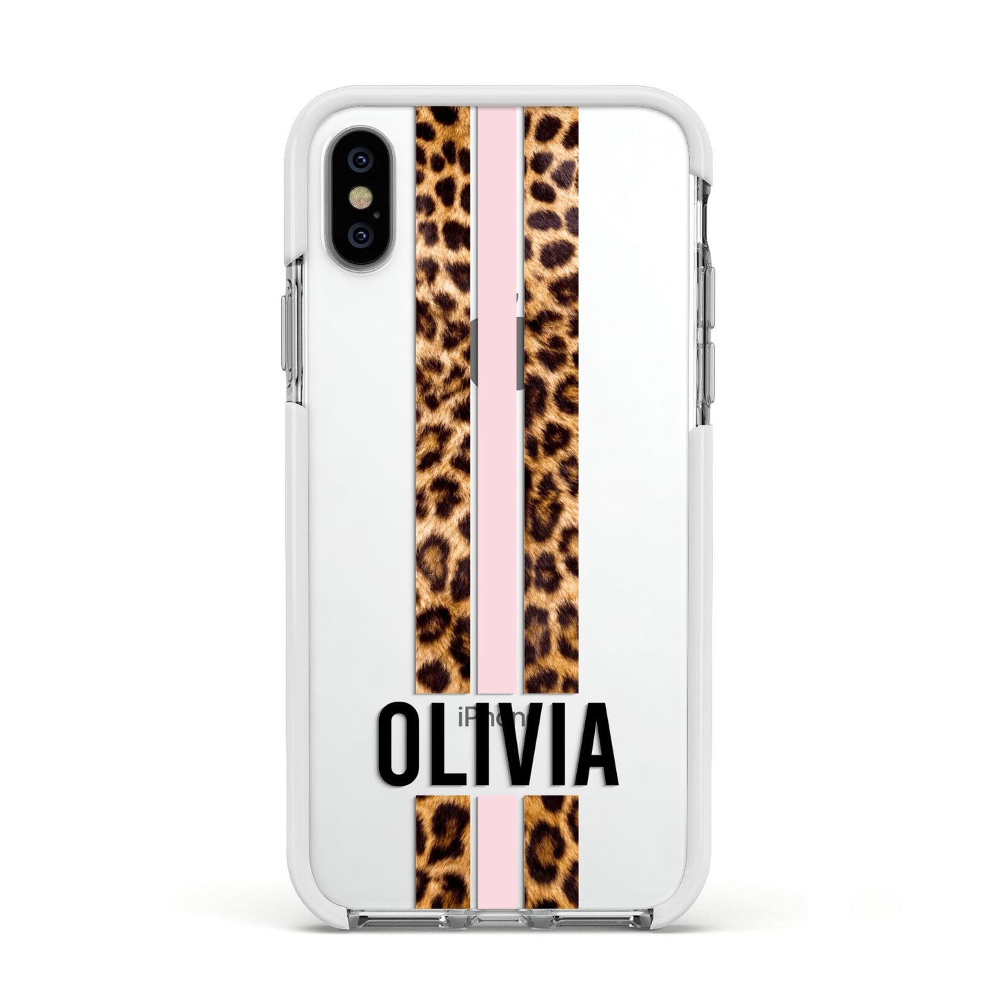 Personalised Leopard Print Stripe Apple iPhone Xs Impact Case White Edge on Silver Phone